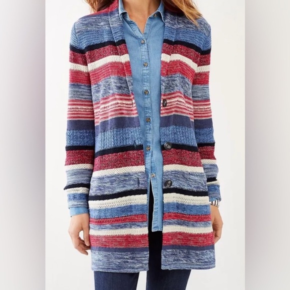 J.Jill Cardigan Sweater Size L Petite Red Blue Striped Long 3 Button Pockets - Picture 1 of 13